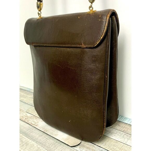 VINTAGE BROWN GENUINE LEATHER TURN LOCK FLAP TOP HANDLE HANDBAG PURSE - Picture 5 of 9